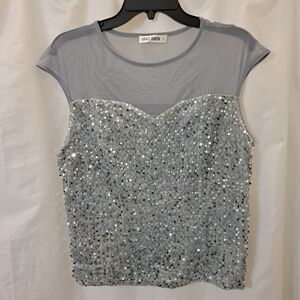 Grace Karin Sz L Women's Sequin Top - Silverlined Body Cap Sleeves Velour EUC